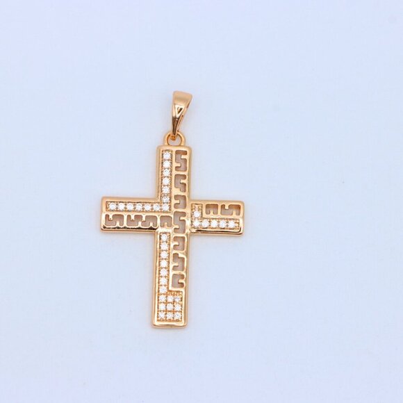 "Rose Gold Cross Pendant with Greek Key Design and Sparkling Stones, XPPT1610 - Picture 11 of 13